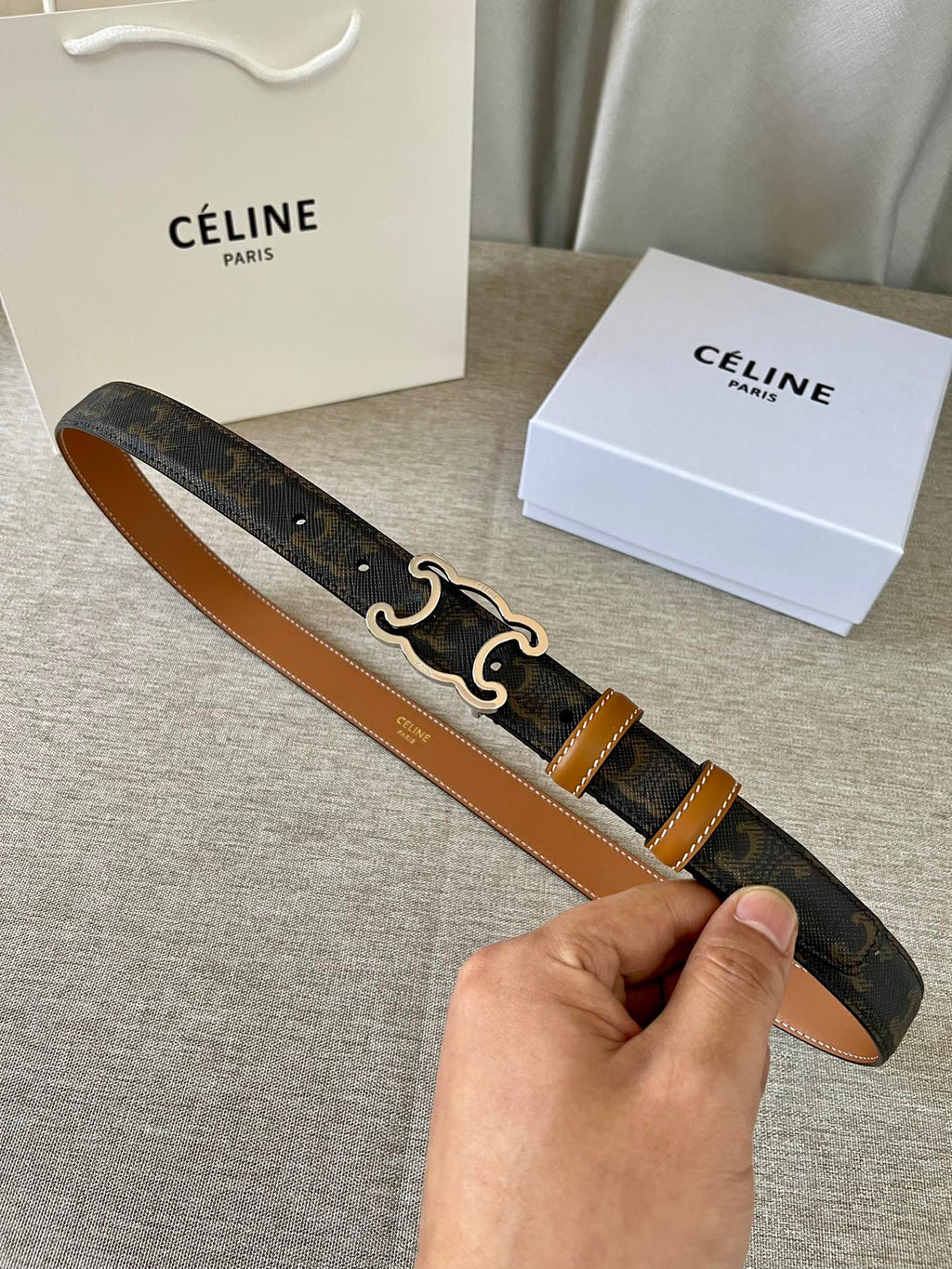CELINE CL logo Cut-out Belt 25mm Black Tan Triomphe Canvas Shw