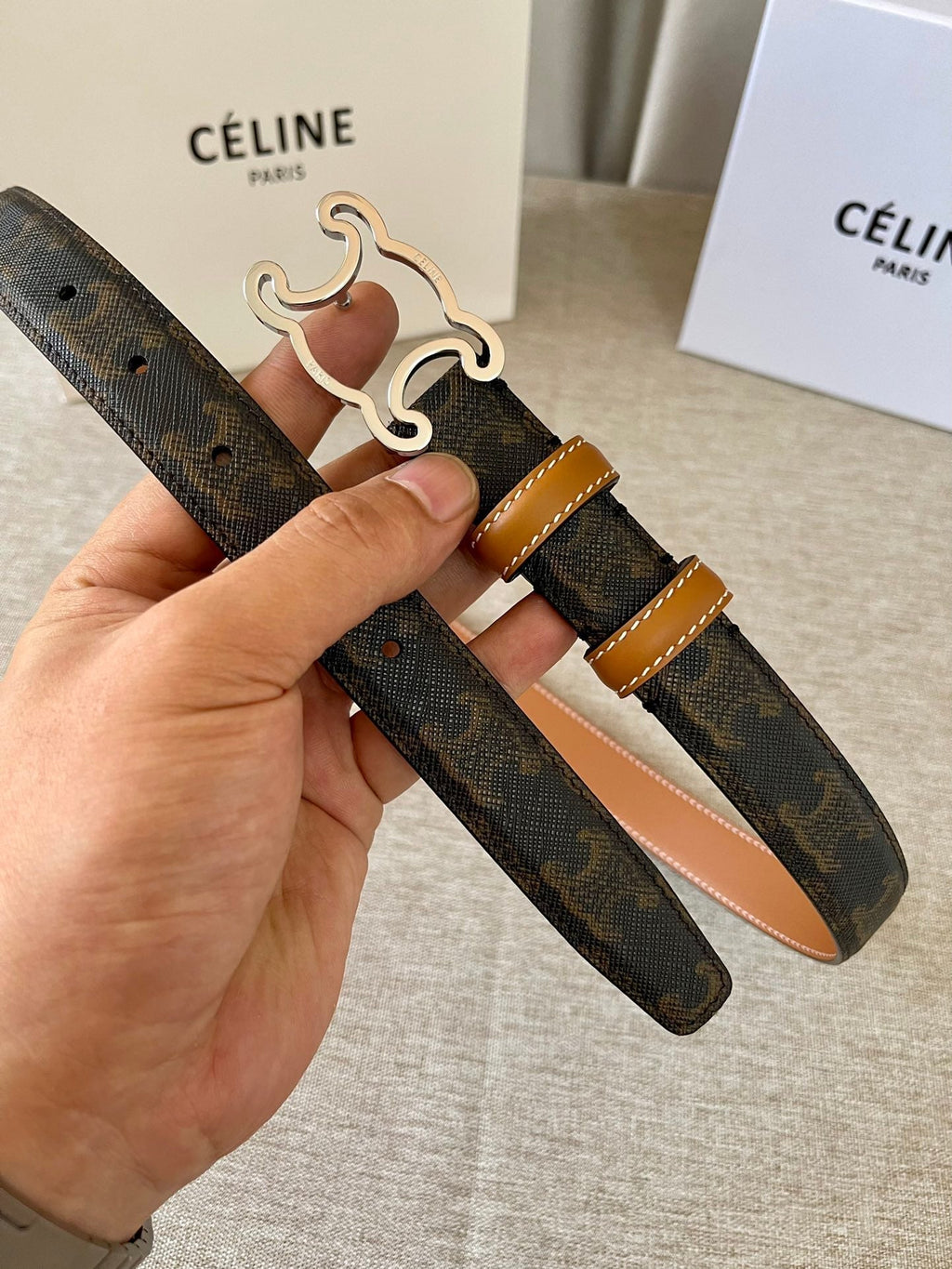CELINE CL logo Cut-out Belt 25mm Black Tan Triomphe Canvas Shw