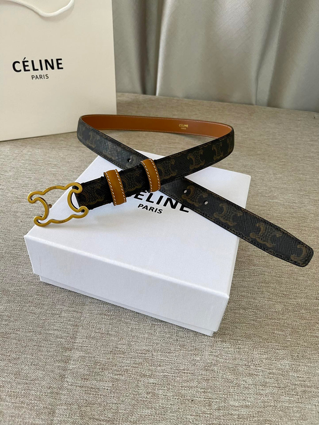 CELINE CL logo Cut-out Belt 25mm Black Tan Triomphe Canvas Ghw