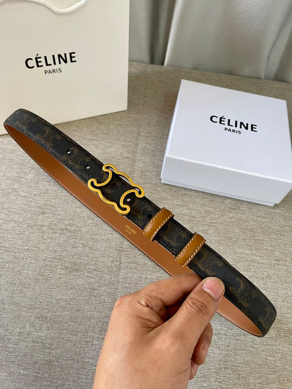 CELINE CL logo Cut-out Belt 25mm Black Tan Triomphe Canvas Ghw