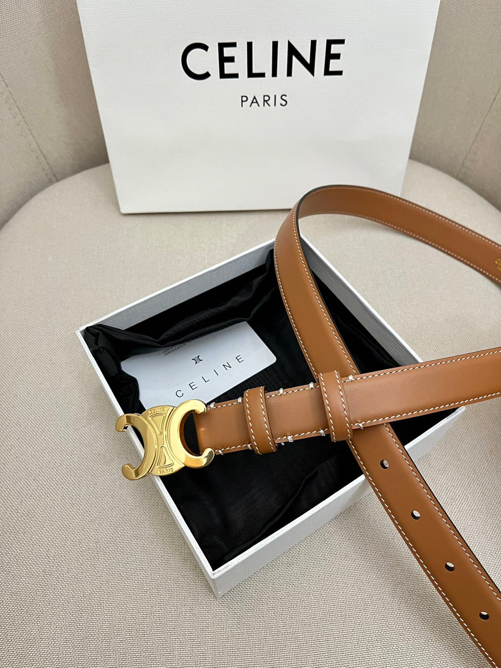 CELINE 25S TRIOMPHE 25MM BELT IN CARAMEL CALFSKIN GLOD HARDWARE