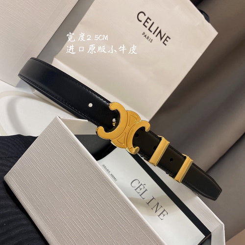 CELINE CL MEDIUM 25MM TRIOMPHE BELT IN BLACK CALFSKIN GOLD HARDWARE