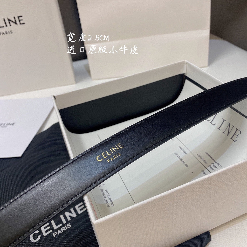 CELINE CL MEDIUM 25MM TRIOMPHE BELT IN BLACK CALFSKIN GOLD HARDWARE