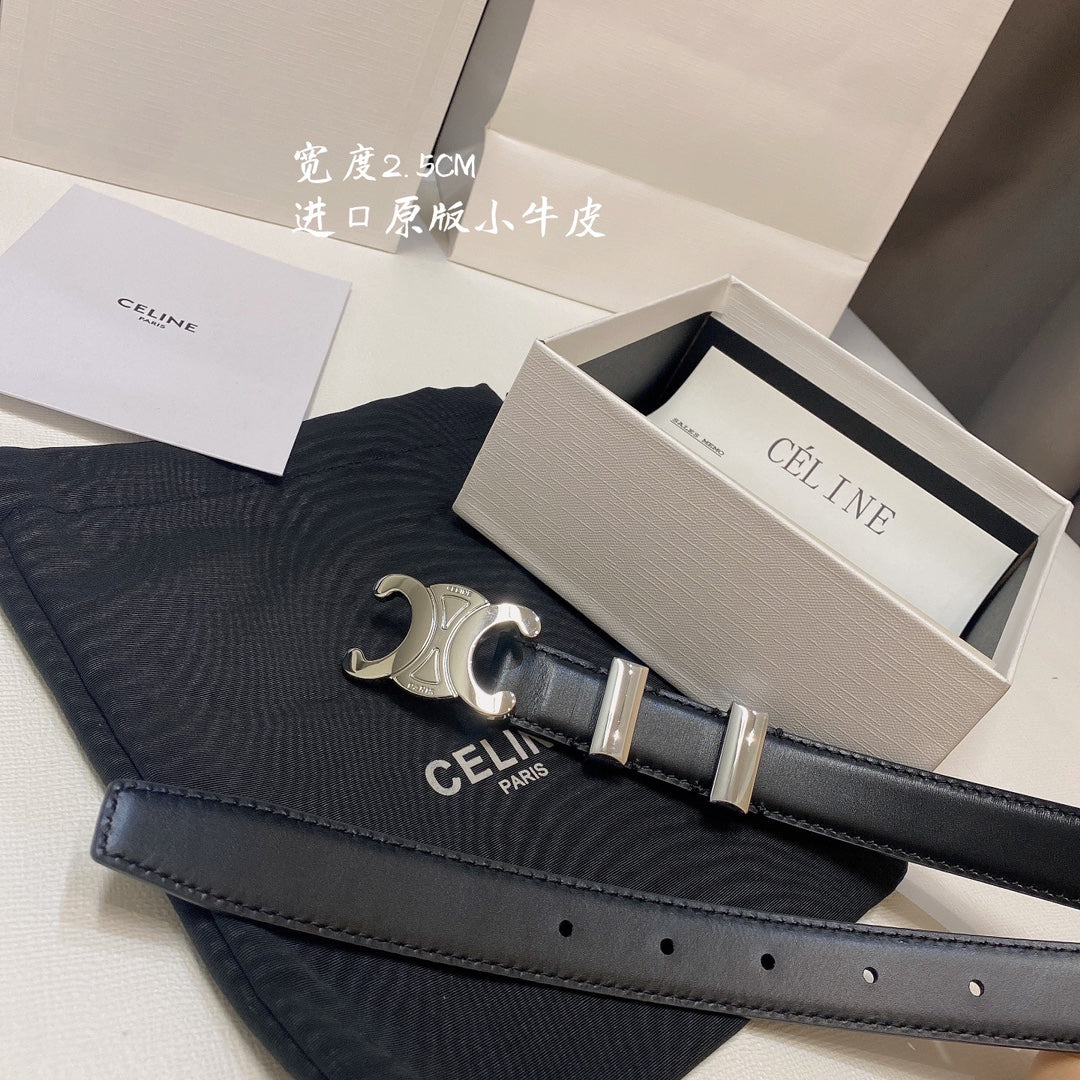 CELINE CL MEDIUM 25MM TRIOMPHE BELT IN BLACK CALFSKIN SILVER HARDWARE