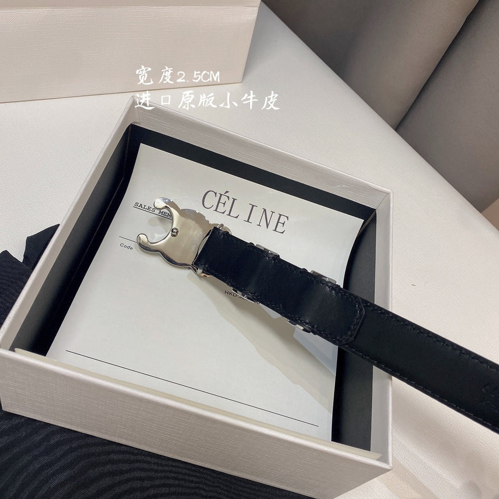 CELINE CL MEDIUM 25MM TRIOMPHE BELT IN BLACK CALFSKIN SILVER HARDWARE