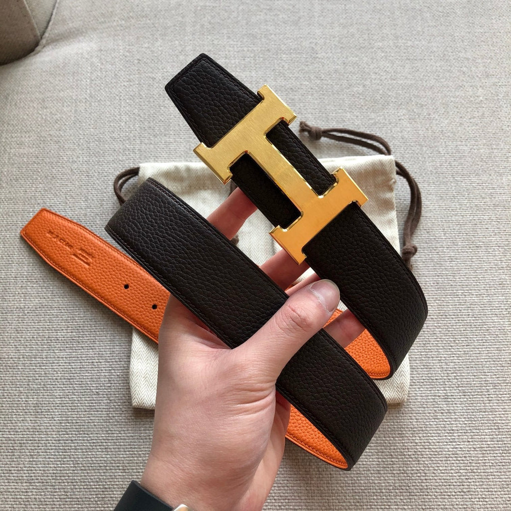 HERMES BELT BUCKLE & REVERSIBLE BLACK AND ORANGE LEATHER STRAP 38MM GOLD HARDWARE