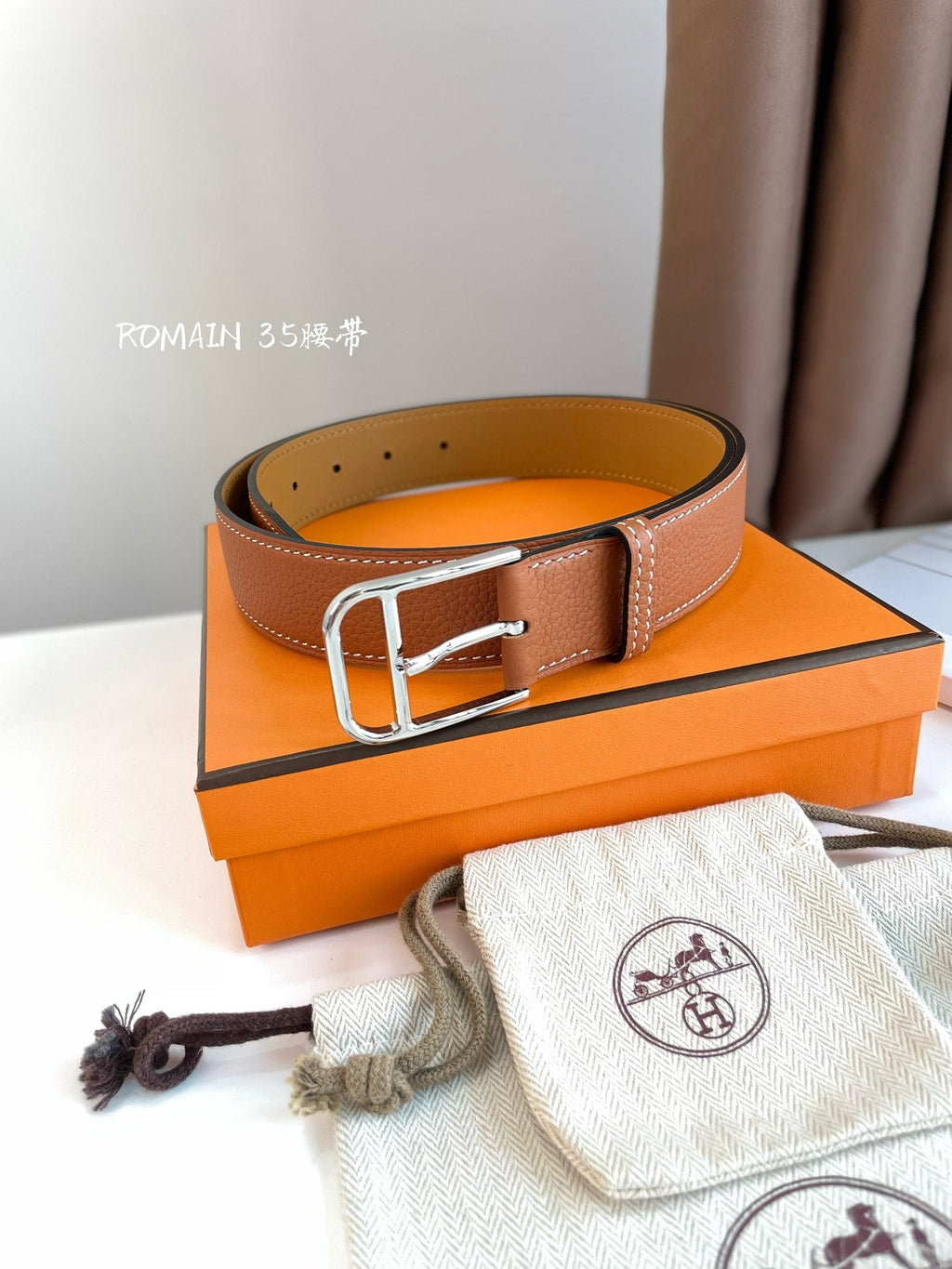 HERMES ROMAIN 35MM BELT YAM ORANGE LEATHER SILVER HARDWARE