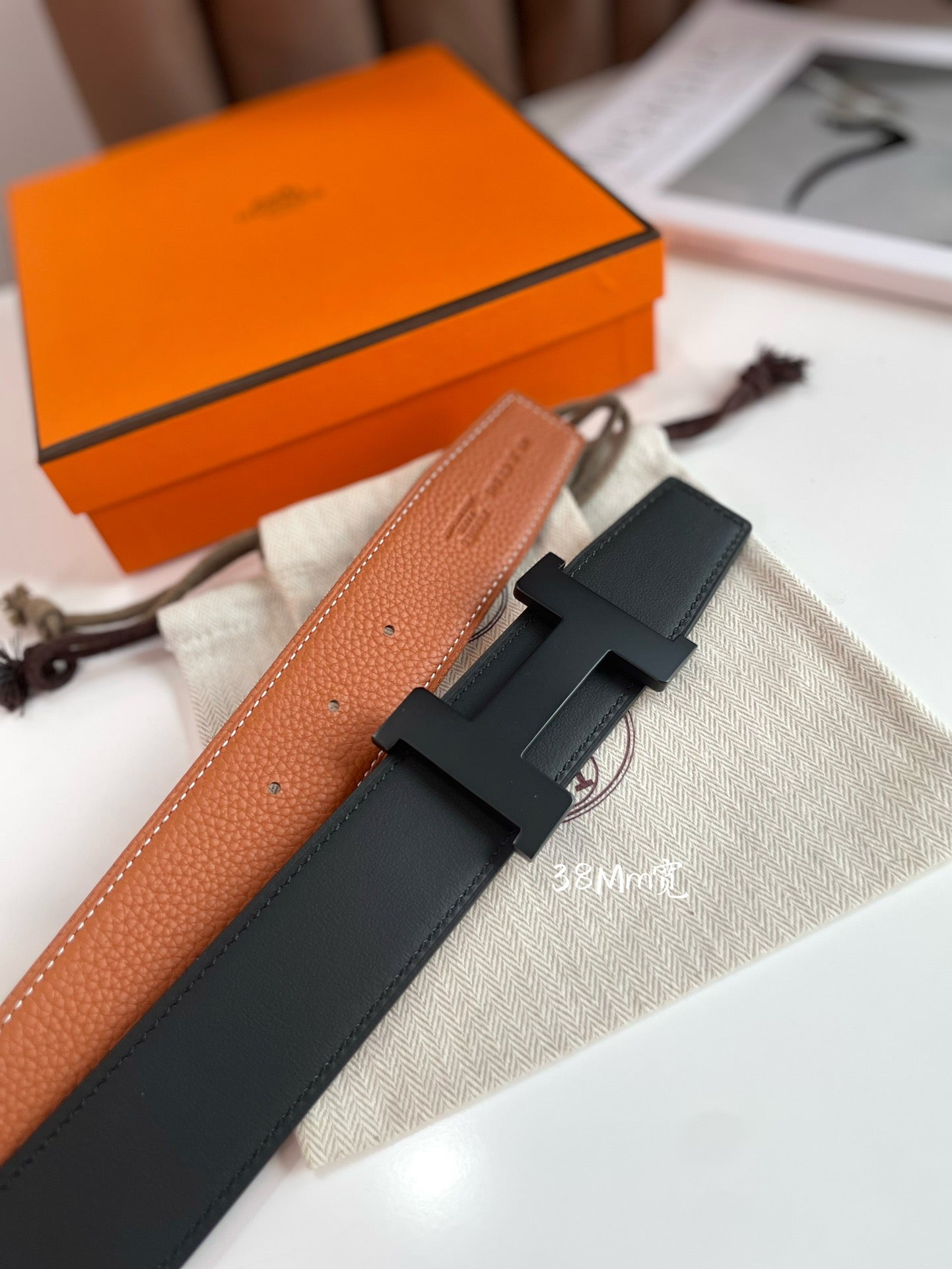 HERMES CONSTANCE BELT BUCKLE & REVERSIBLE GINGER ORANGE AND BLACK LEATHER STRAP 38MM