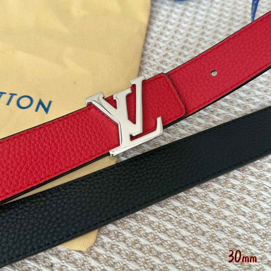 LOUIS VUITTON LV Initiales 30mm Reversible Belt Silver Buckle Red Black Leather