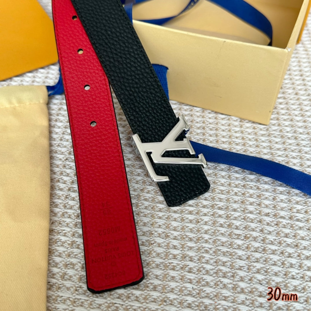 LOUIS VUITTON LV Initiales 30mm Reversible Belt Silver Buckle Red Black Leather