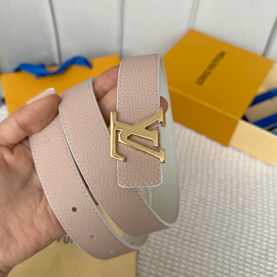 LOUIS VUITTON LV Initiales 30mm Reversible Belt Gold Buckle Pink White Leather