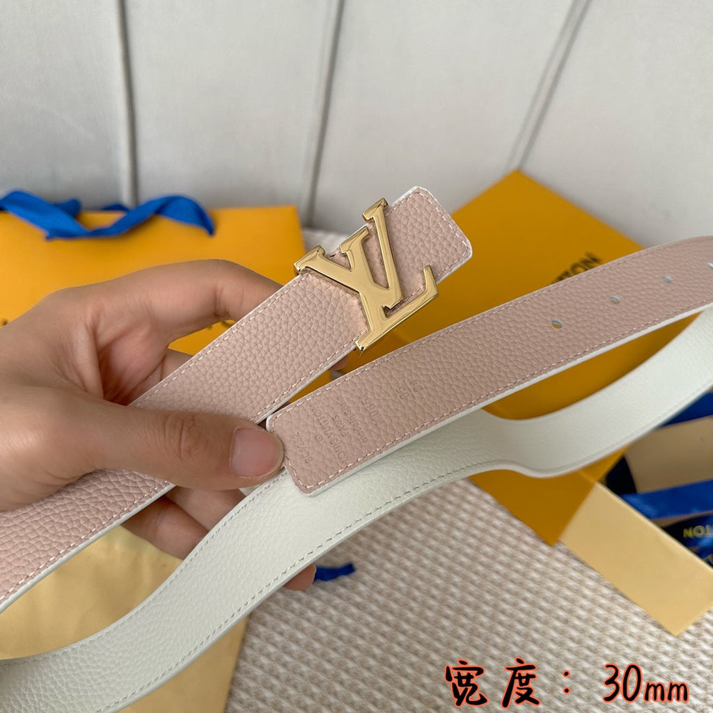 LOUIS VUITTON LV 30 MM BELTS IN WHITE AND PINK PASTEL CALFSKIN GOLD HARDWARE