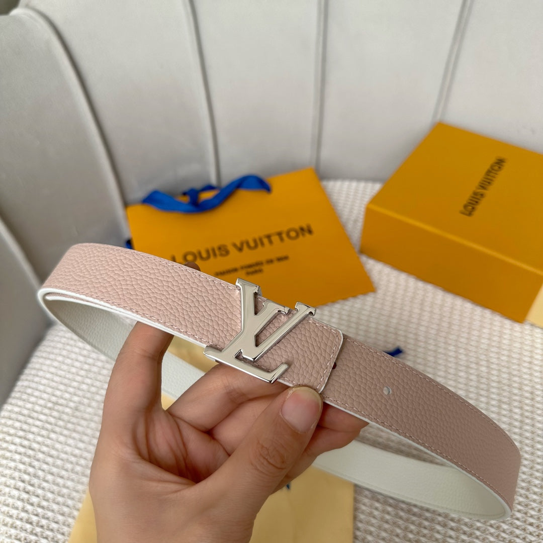 LOUIS VUITTON LV Initiales 30mm Reversible Belt Silver Buckle Pink White Leather