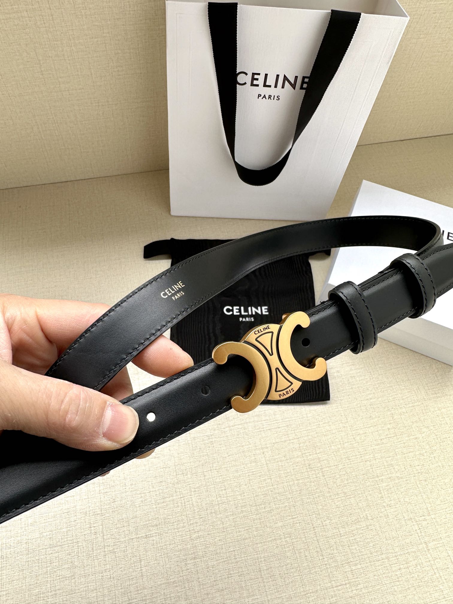 CELINE Medium Triomphe Belt 25mm Black Calfskin Gold Finishing