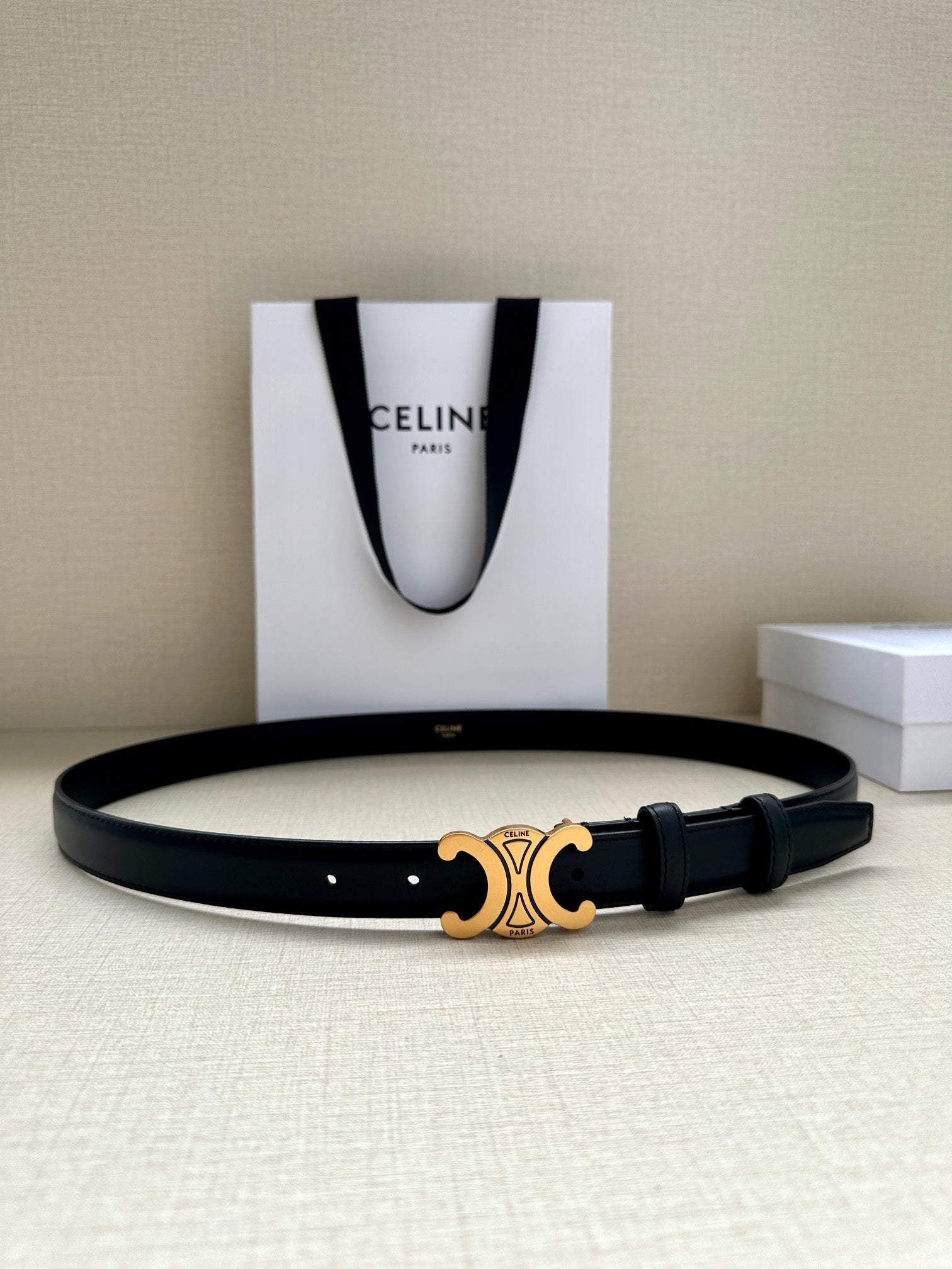 CELINE Medium Triomphe Belt 25mm Black Calfskin Gold Finishing