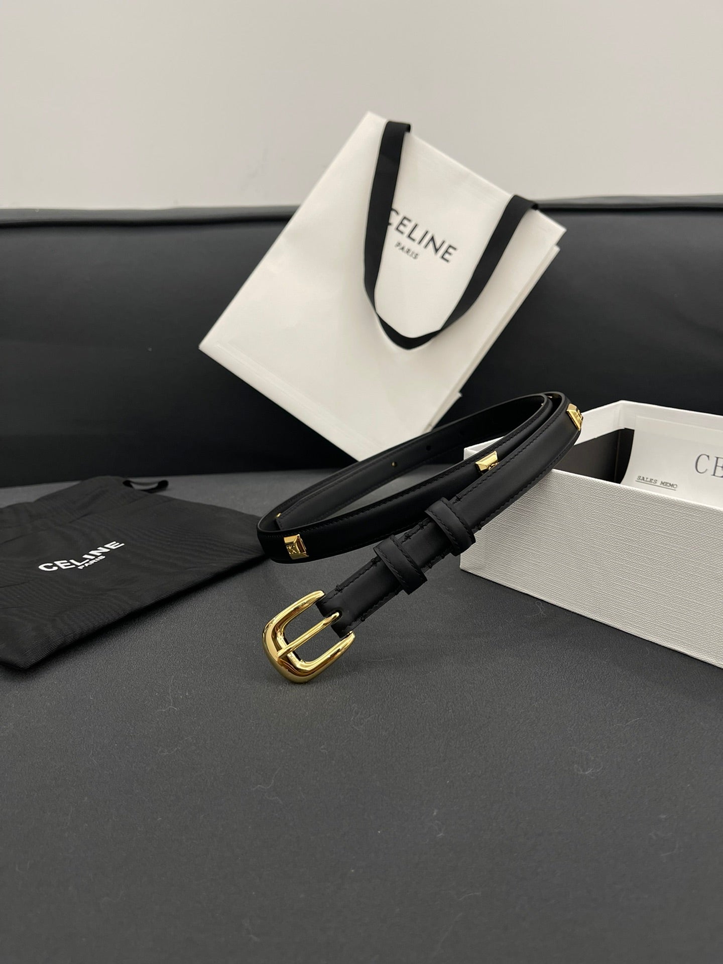 CELINE CL SMALL 18 MM TRIOMPHE BELT IN TAURILLON BLACK LEATHER GOLD HARDWARE