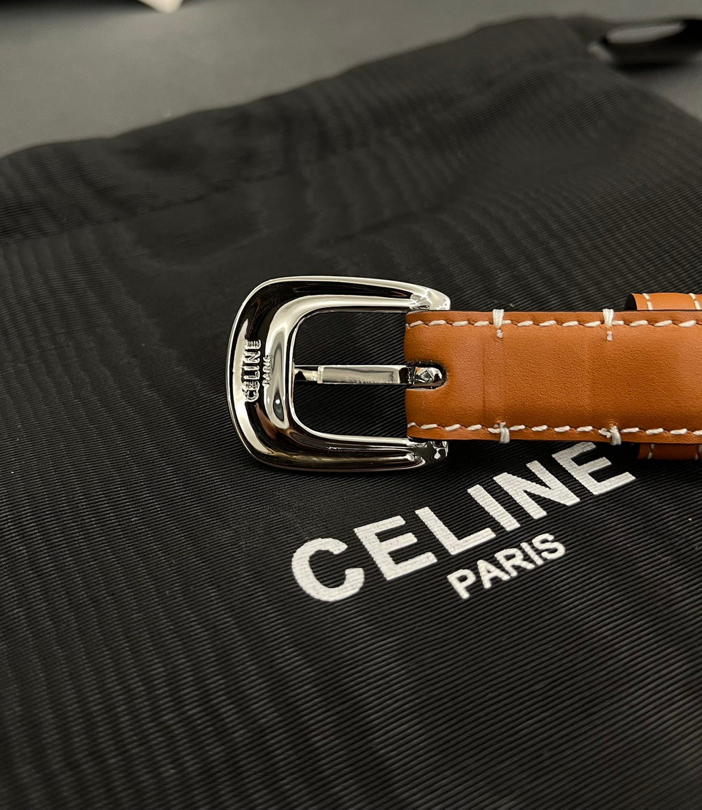 CELINE CL SMALL 18 MM TRIOMPHE BELT IN TAURILLON BRONZE BROWN LEATHER SILVER HARDWARE