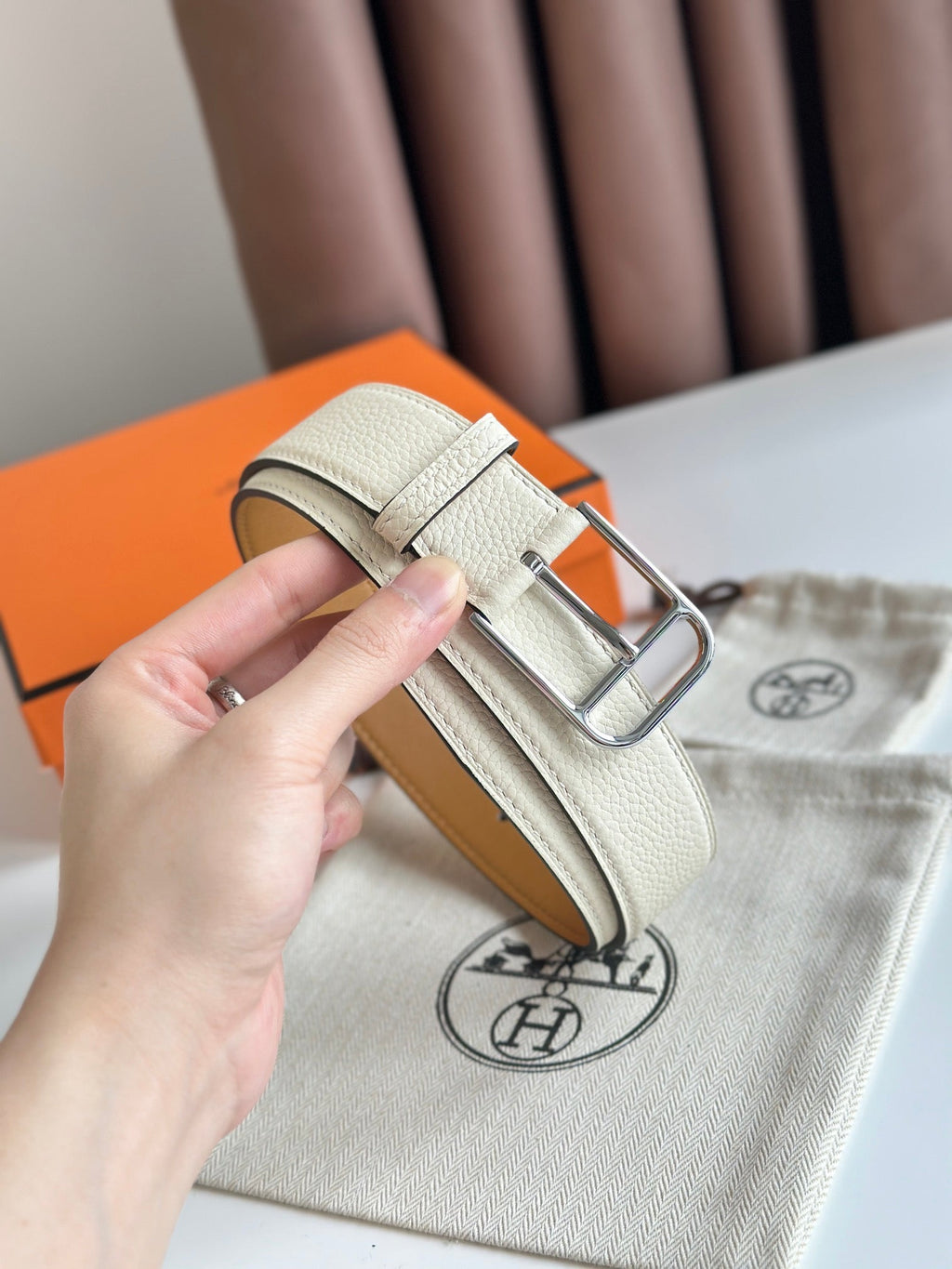 HERMES ROMAIN 35MM BELT WHITE CREAM LEATHER SILVER HARDWARE
