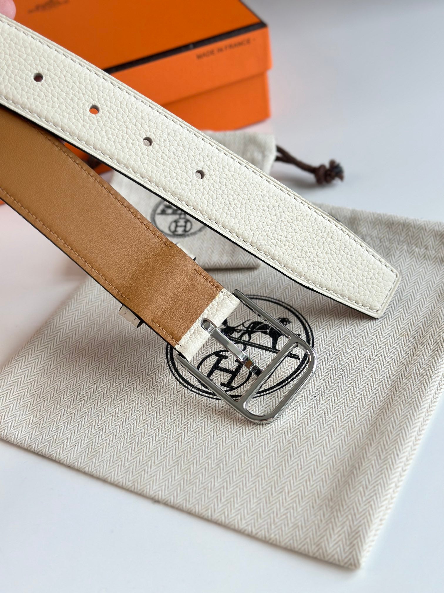 HERMES ROMAIN 35MM BELT WHITE CREAM LEATHER SILVER HARDWARE