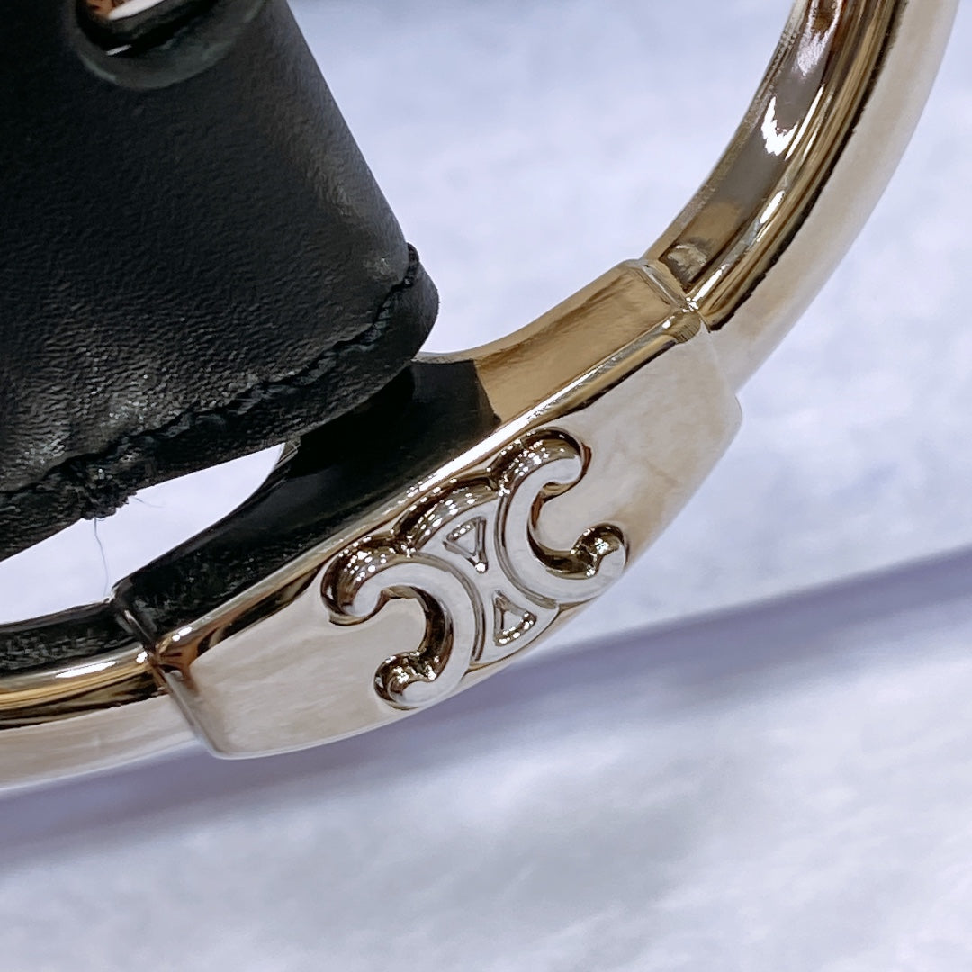 CELINE CL LARGE 35MM TWIN TRIOMPHE BELT IN BLACK CALFSKIN SILVER HARDWARE