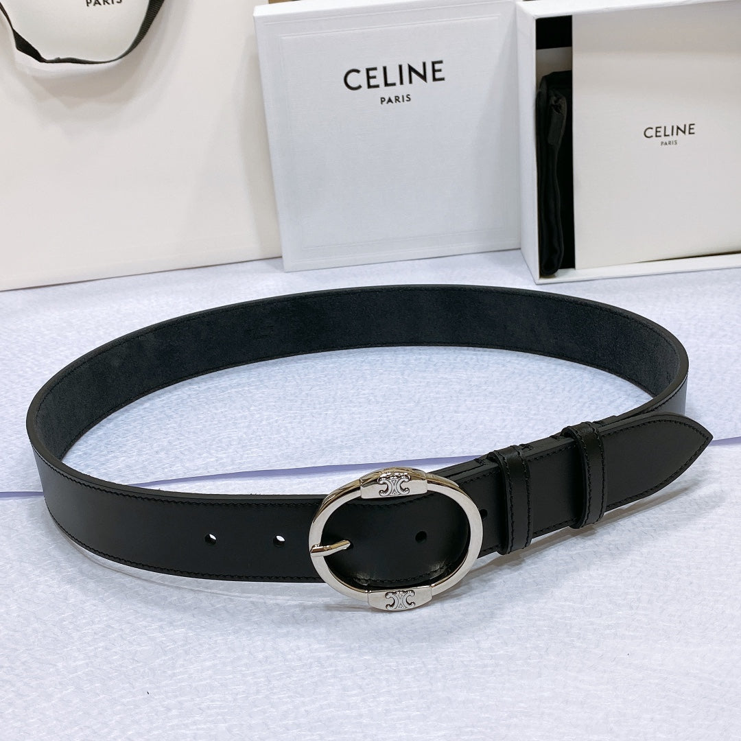 CELINE CL LARGE 35MM TWIN TRIOMPHE BELT IN BLACK CALFSKIN SILVER HARDWARE