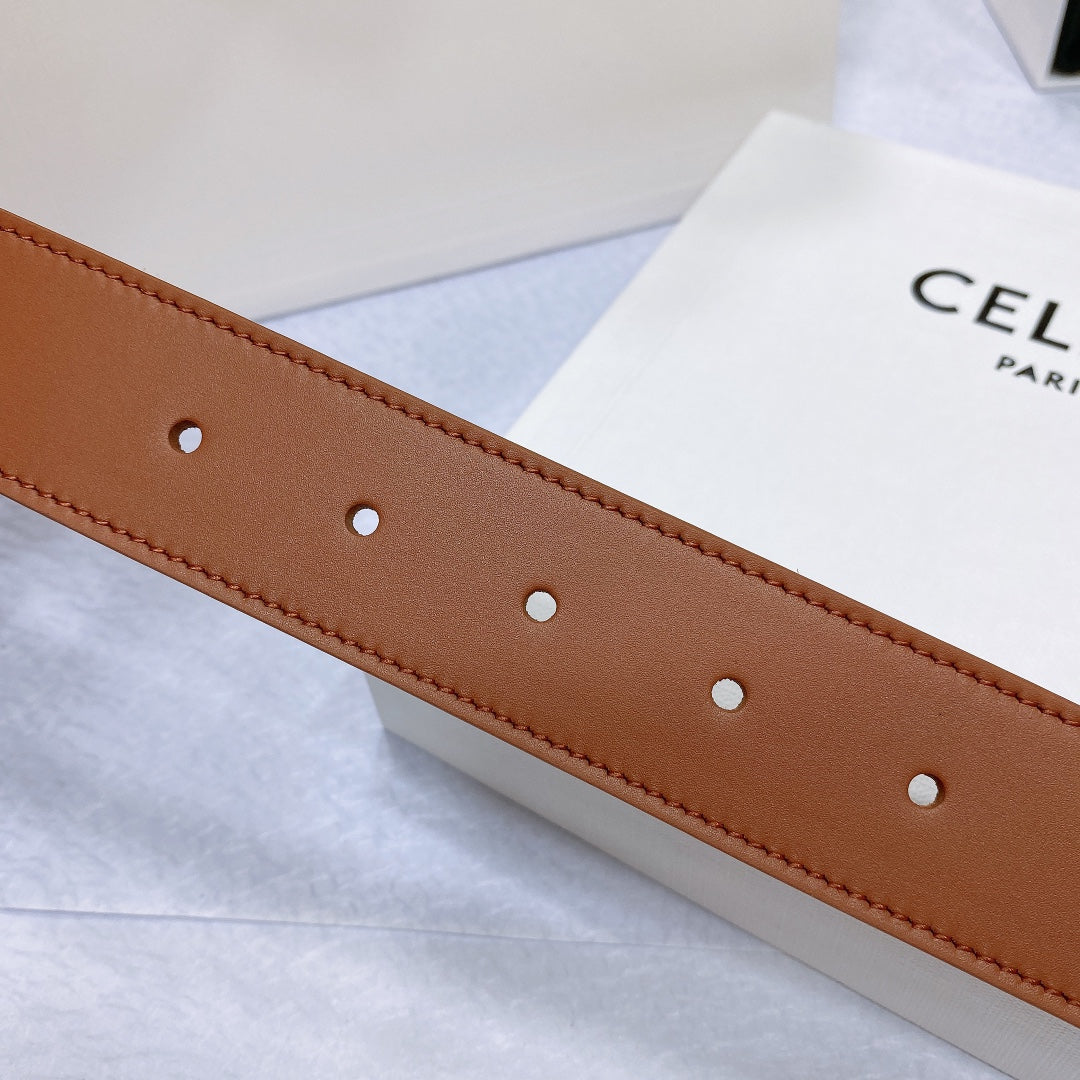 CELINE CL LARGE 35MM TWIN TRIOMPHE BELT IN BRONZE BROWN CALFSKIN SILVER HARDWARE