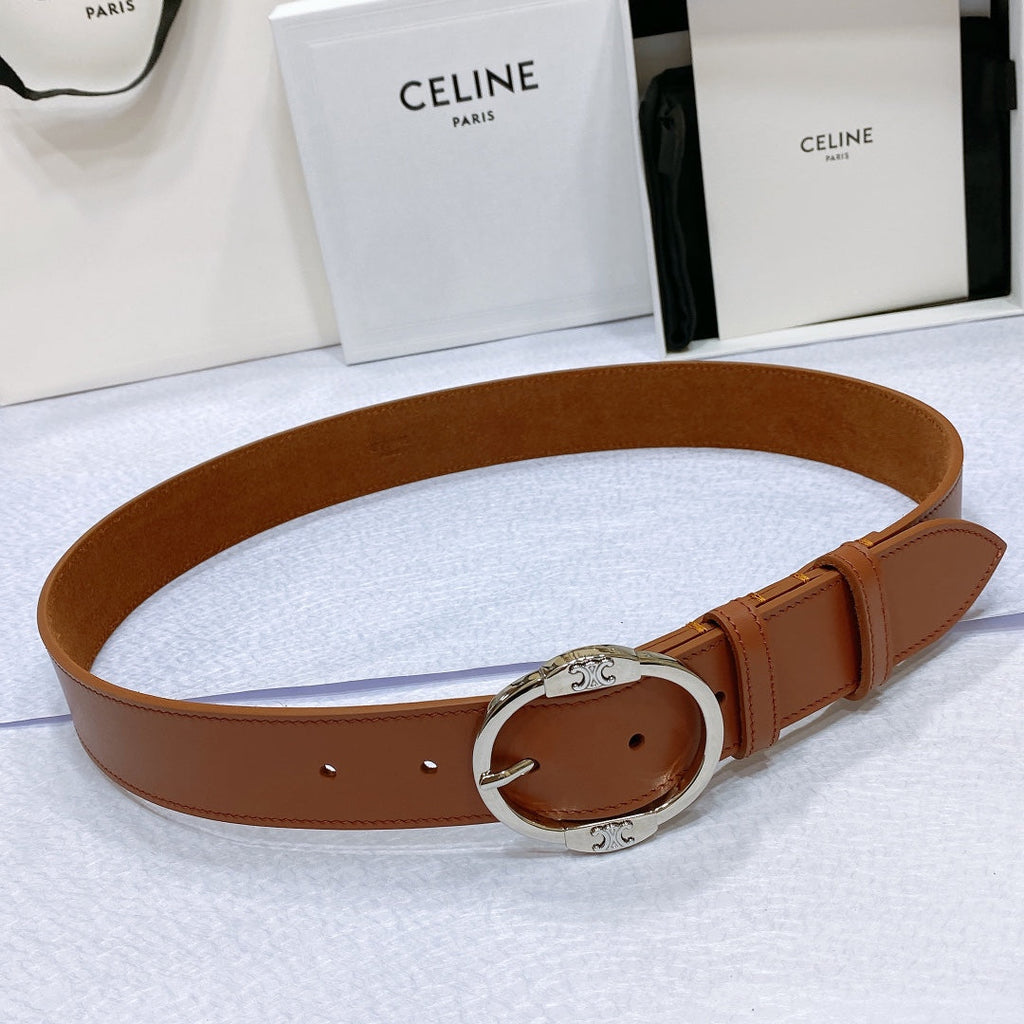 CELINE CL LARGE 35MM TWIN TRIOMPHE BELT IN BRONZE BROWN CALFSKIN SILVER HARDWARE