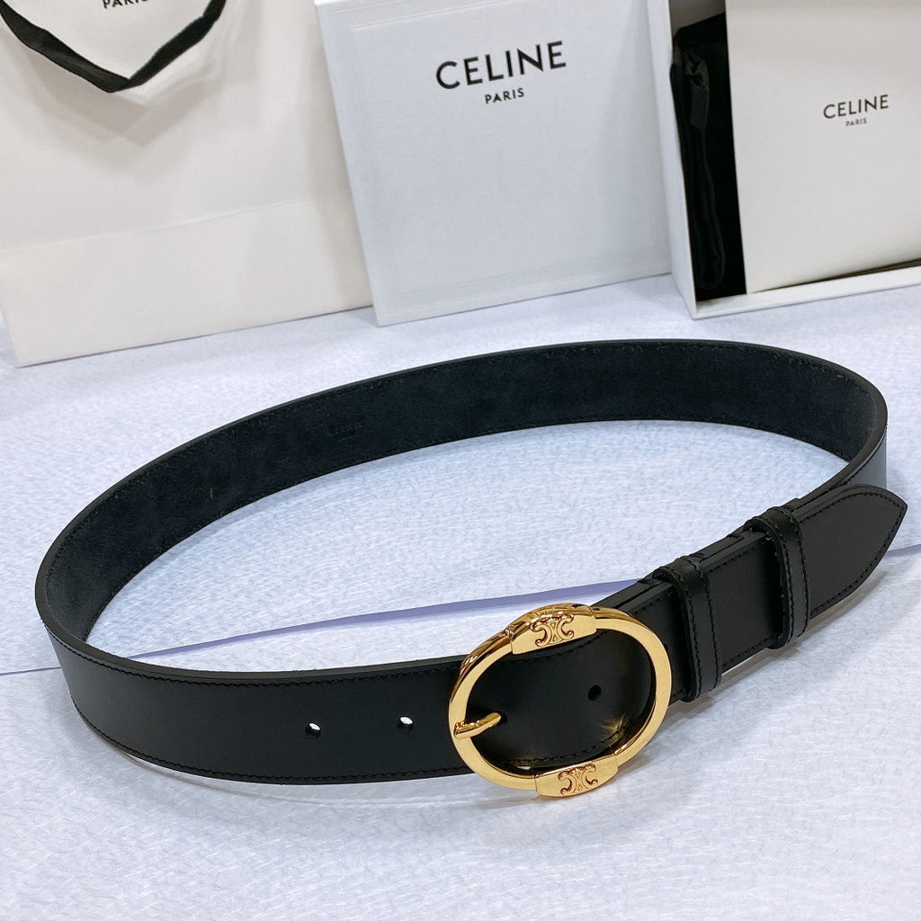CELINE CL LARGE 35MM TWIN TRIOMPHE BELT IN BLACK CALFSKIN GOLD HARDWARE