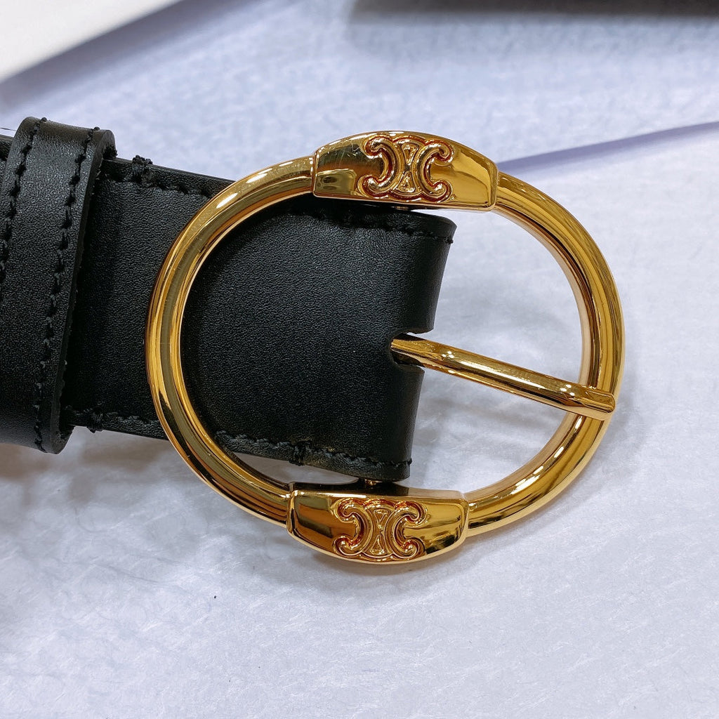 CELINE CL LARGE 35MM TWIN TRIOMPHE BELT IN BLACK CALFSKIN GOLD HARDWARE
