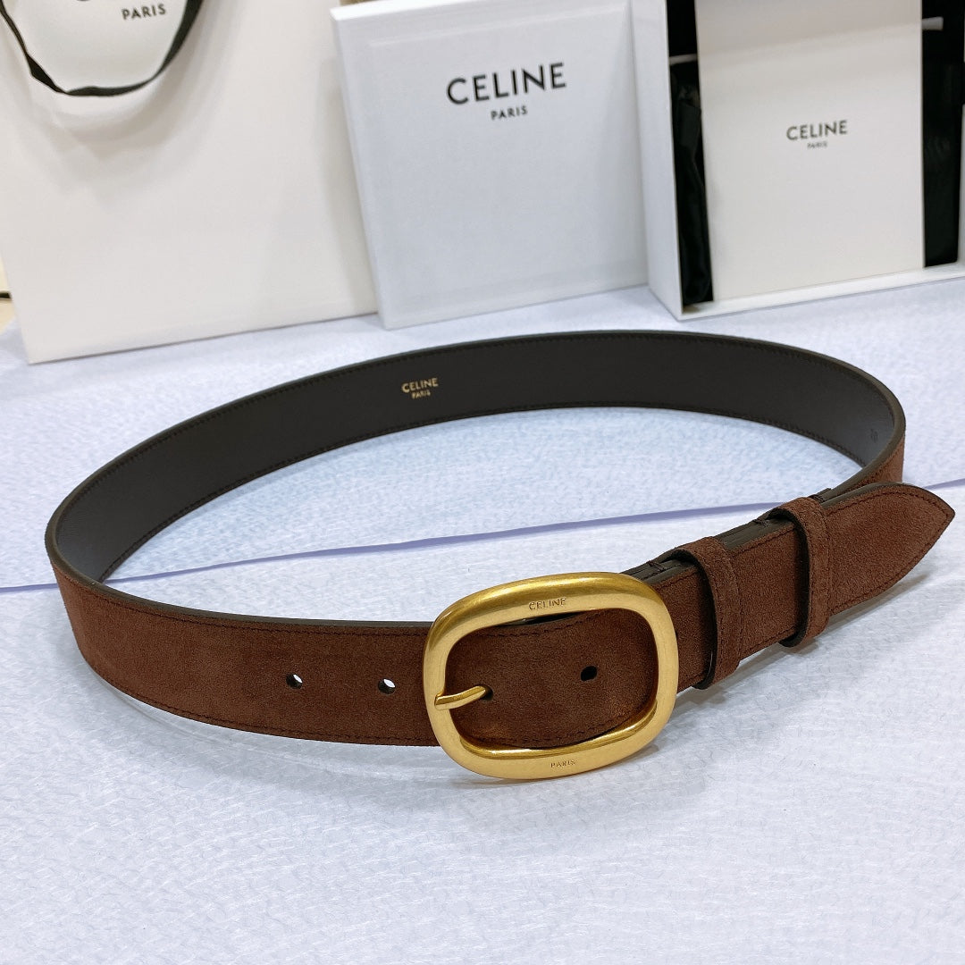 CELINE CL LARGE 35 MM BELT IN CHOCOLATE BROWN SUEDE GOLD HARDWARE
