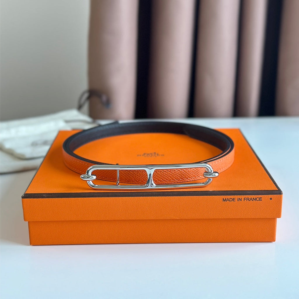 HERMES ROULIS BUCKLE & REVERSIBLE ORANGE AND BLACK LEATHER STRAP 13MM SILVER HARDWARE