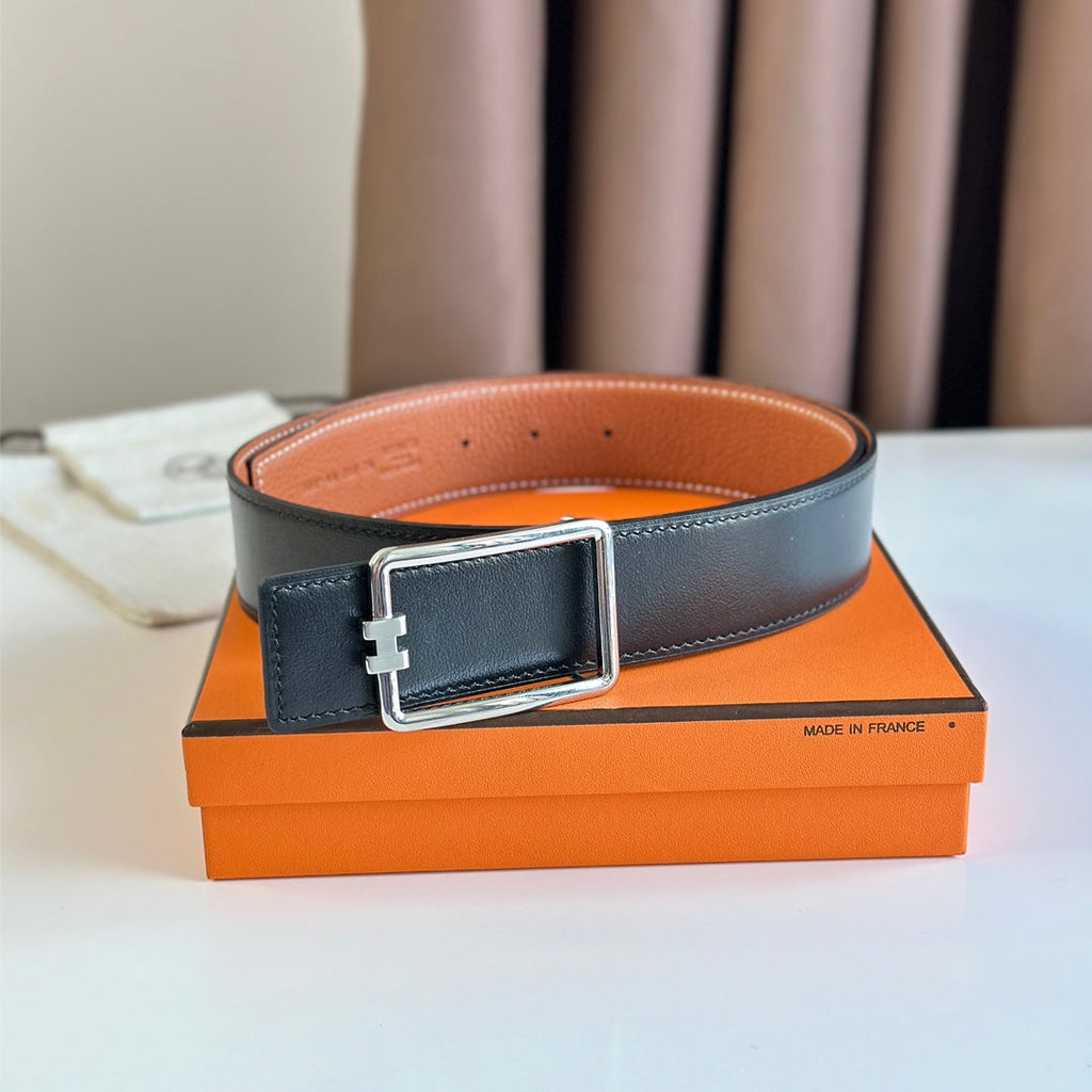 HERMES TUBE H BELT BUCKLE & REVERSIBLE BLACK AND YAM ORANGE LEATHER STRAP 38MM SILVER HARDWARE
