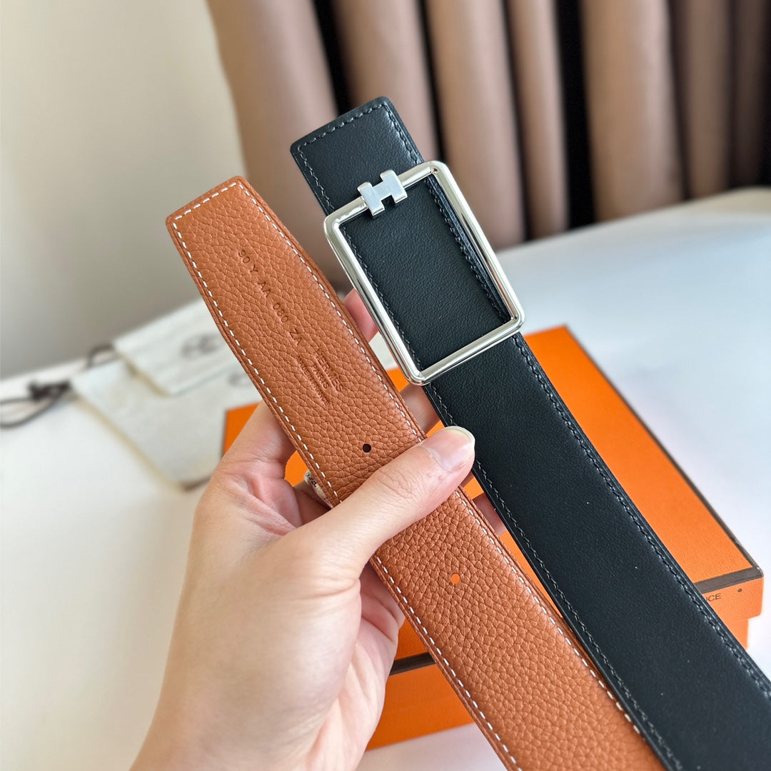 HERMES TUBE H BELT BUCKLE & REVERSIBLE BLACK AND YAM ORANGE LEATHER STRAP 38MM SILVER HARDWARE