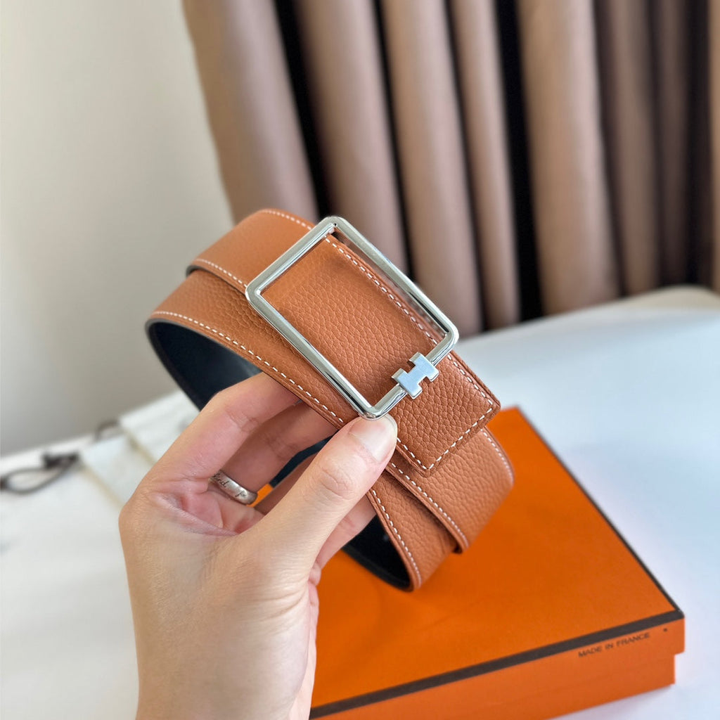 HERMES TUBE H BELT BUCKLE & REVERSIBLE BLACK AND YAM ORANGE LEATHER STRAP 38MM SILVER HARDWARE