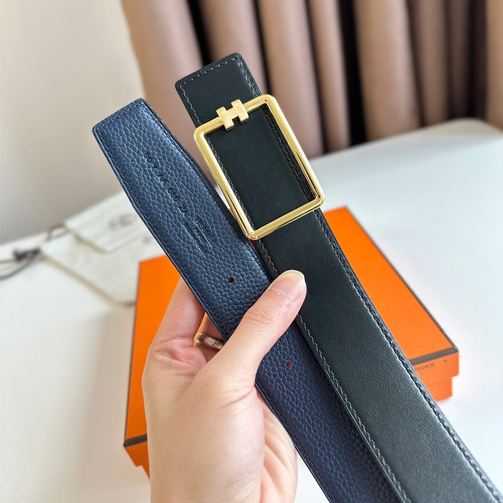 HERMES TUBE H BELT BUCKLE & REVERSIBLE BLACK AND AEGEAN BLUE LEATHER STRAP 38MM GOLD HARDWARE
