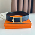 HERMES OSCAR BELT BUCKLE & REVERSIBLE BLACK AND AEGEAN BLUE LEATHER STRAP 38MM GOLD HARDWARE