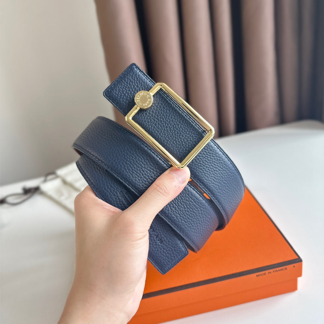 HERMES OSCAR BELT BUCKLE & REVERSIBLE BLACK AND AEGEAN BLUE LEATHER STRAP 38MM GOLD HARDWARE
