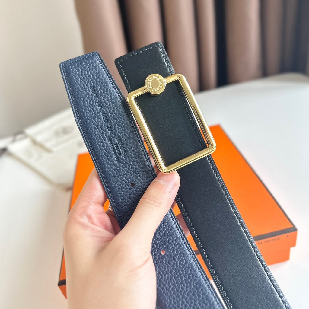 HERMES OSCAR BELT BUCKLE & REVERSIBLE BLACK AND AEGEAN BLUE LEATHER STRAP 38MM GOLD HARDWARE