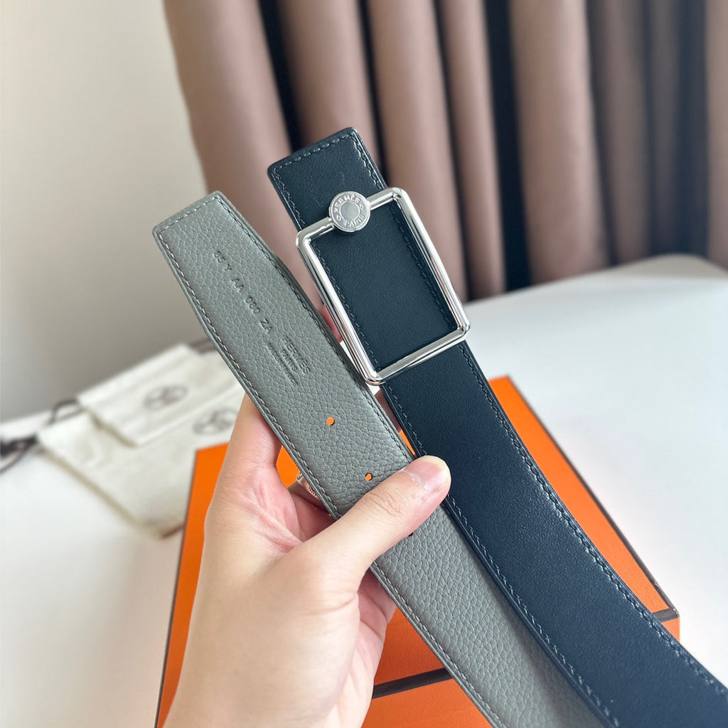 HERMES OSCAR BELT BUCKLE & REVERSIBLE BLACK AND ASH GREY LEATHER STRAP 38MM SILVER HARDWARE