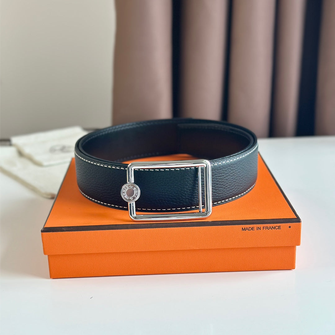 HERMES OSCAR BELT BUCKLE & REVERSIBLE BLACK LEATHER STRAP 38MM SILVER HARDWARE