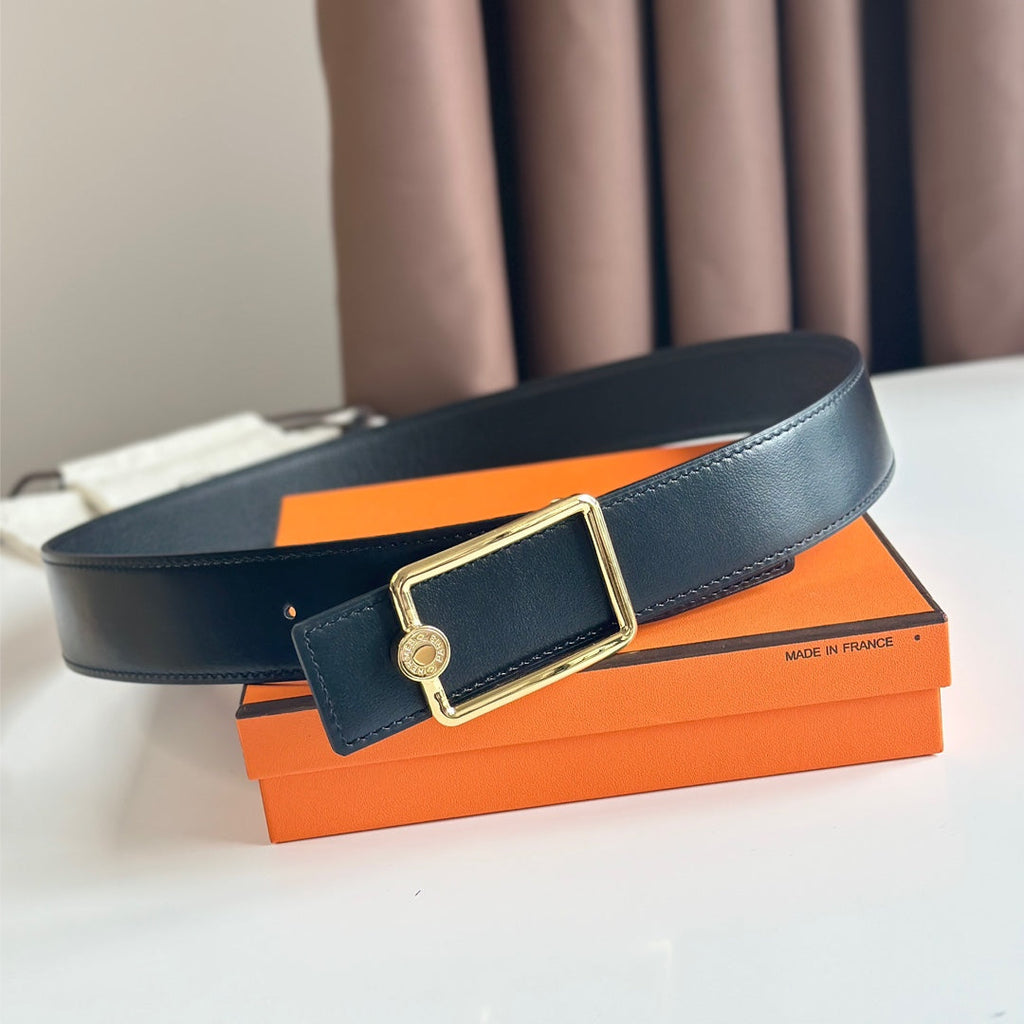 HERMES OSCAR BELT BUCKLE & REVERSIBLE BLACK LEATHER STRAP 38MM GOLD HARDWARE