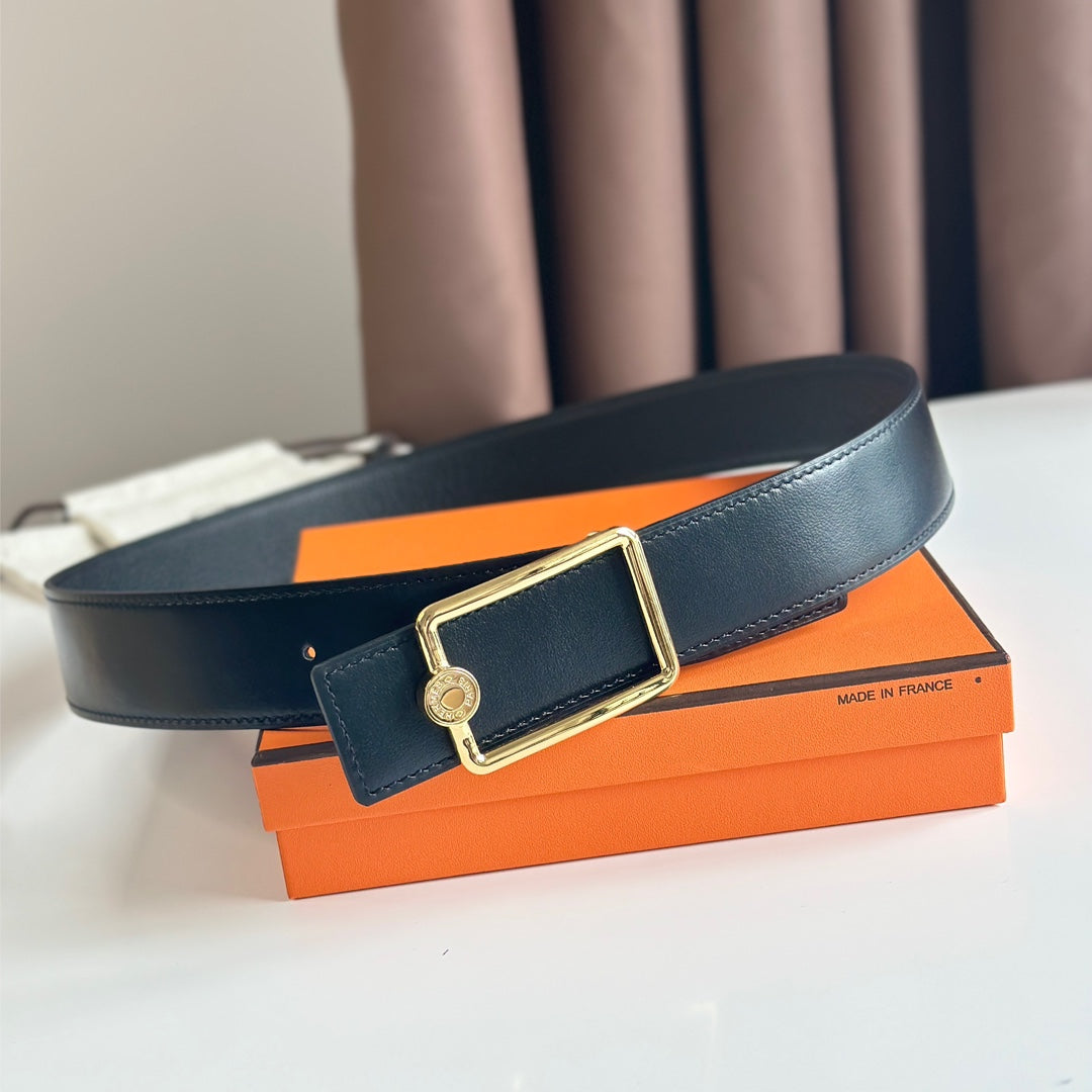HERMES OSCAR BELT BUCKLE & REVERSIBLE BLACK LEATHER STRAP 38MM GOLD HARDWARE
