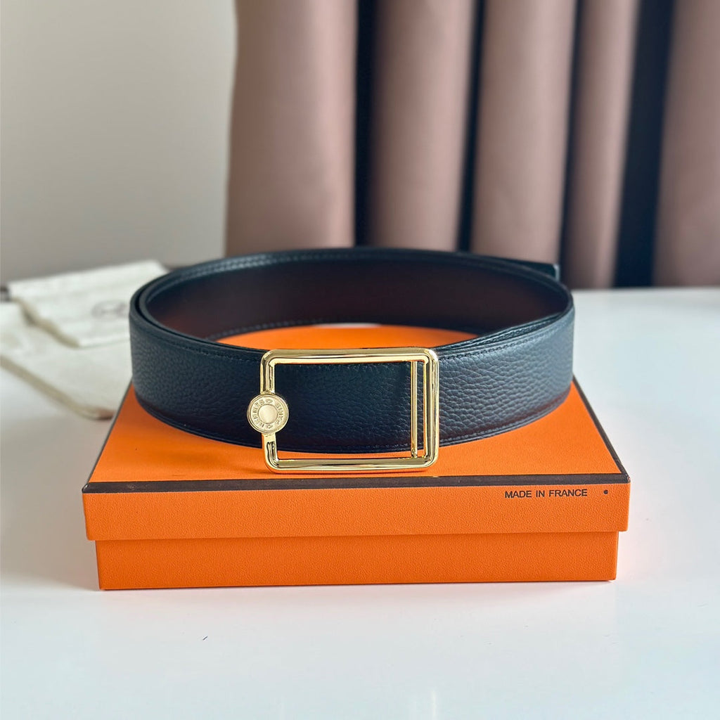 HERMES OSCAR BELT BUCKLE & REVERSIBLE BLACK LEATHER STRAP 38MM GOLD HARDWARE
