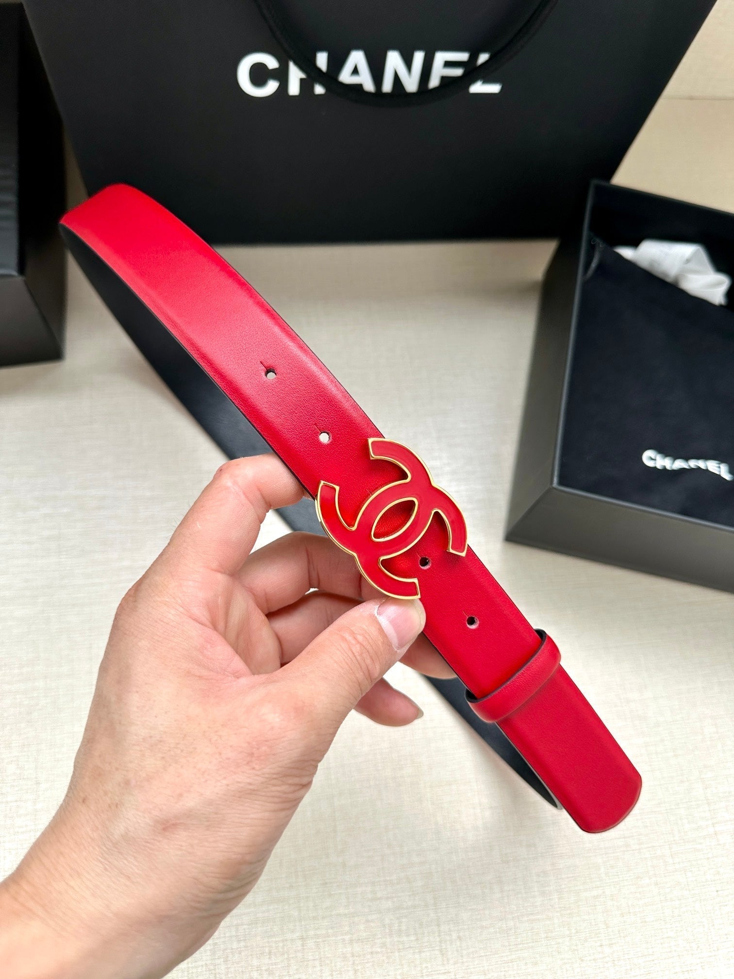 CHANEL 30MM BELT IN CHERRY RED SMOOTH CALFSKIN METAL HARDWARE