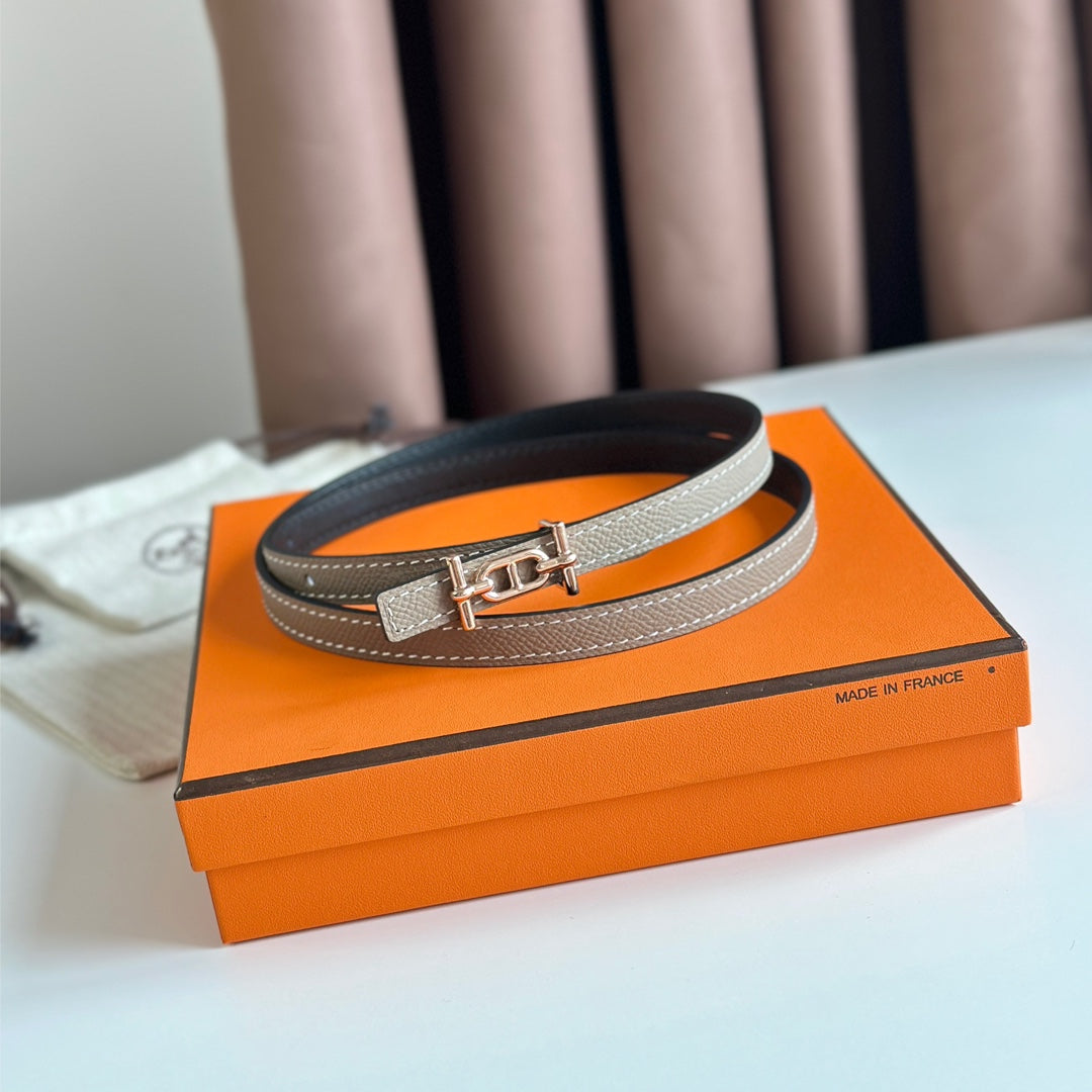 HERMES ANCRE BUCKLE & REVERSIBLE BLACK AND KHAKI BROWN LEATHER STRAP 13MM COPPER HARDWARE