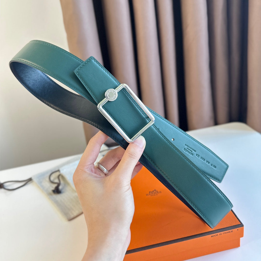 HERMES TUBE H BELT BUCKLE & REVERSIBLE TEAL GREEN AND BLACK LEATHER STRAP 38MM SILVER HARDWARE
