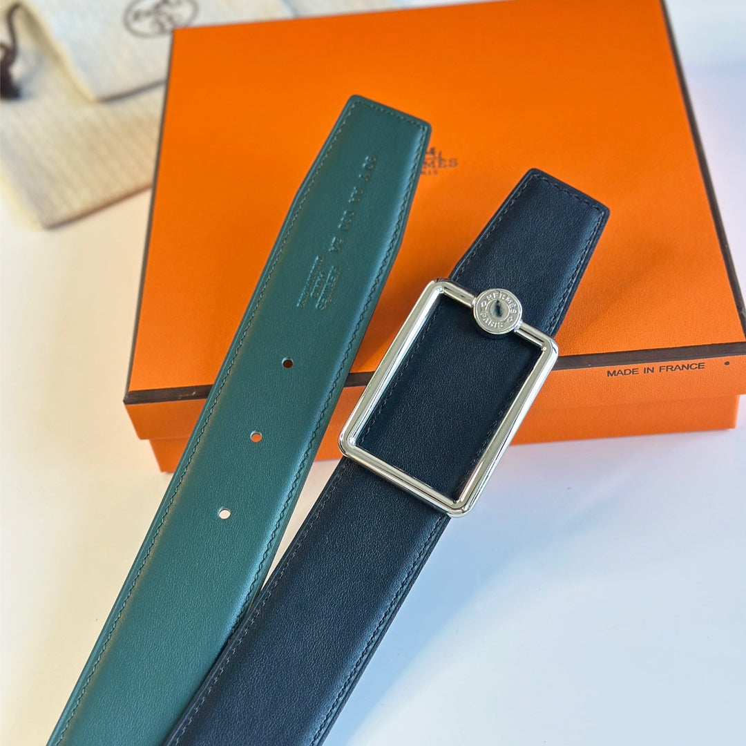 HERMES TUBE H BELT BUCKLE & REVERSIBLE TEAL GREEN AND BLACK LEATHER STRAP 38MM SILVER HARDWARE