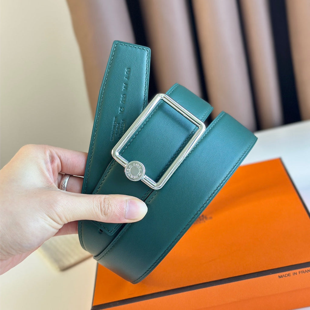 HERMES TUBE H BELT BUCKLE & REVERSIBLE TEAL GREEN AND BLACK LEATHER STRAP 38MM SILVER HARDWARE