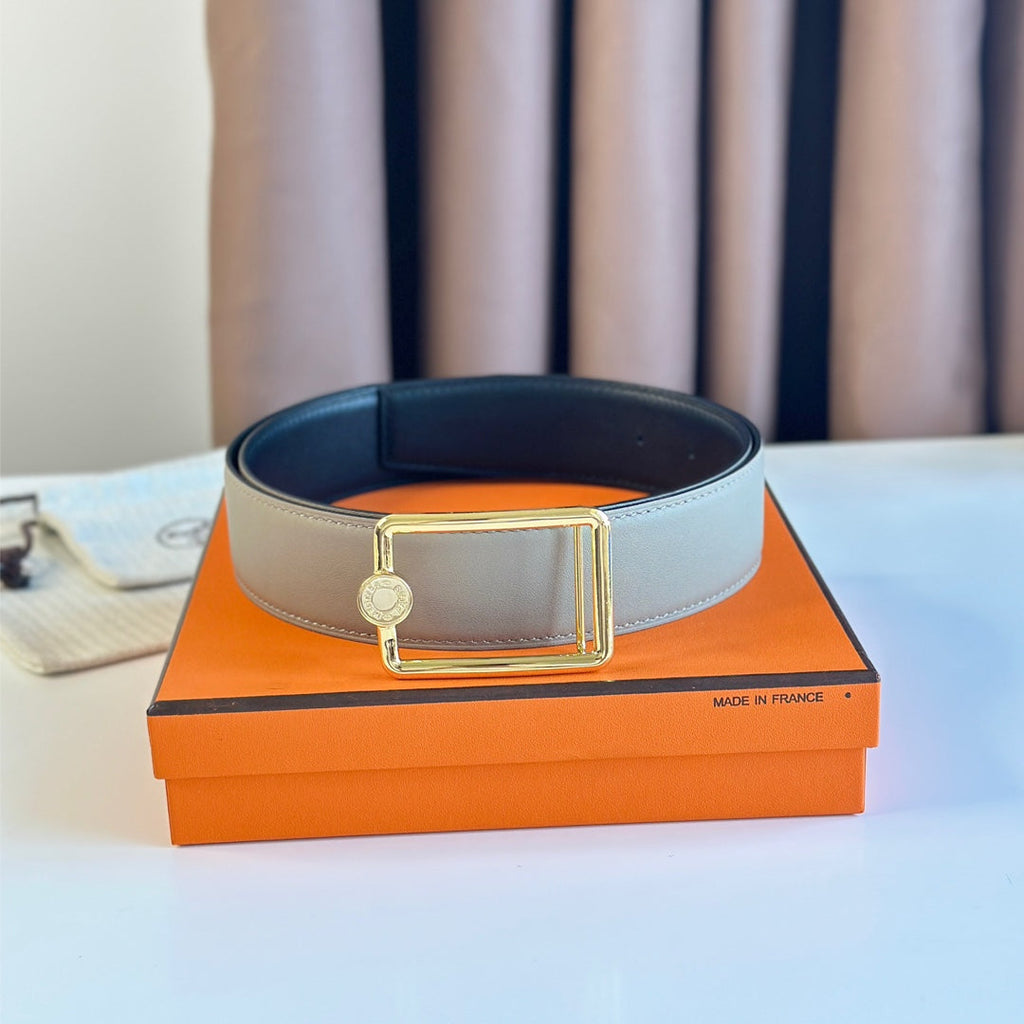 HERMES TUBE H BELT BUCKLE & REVERSIBLE KHAKI BROWN AND BLACK LEATHER STRAP 38MM GOLD HARDWARE