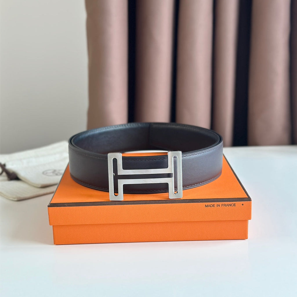 HERMES BELT BUCKLE & REVERSIBLE BLACK LEATHER STRAP 38MM SILVER HARDWARE